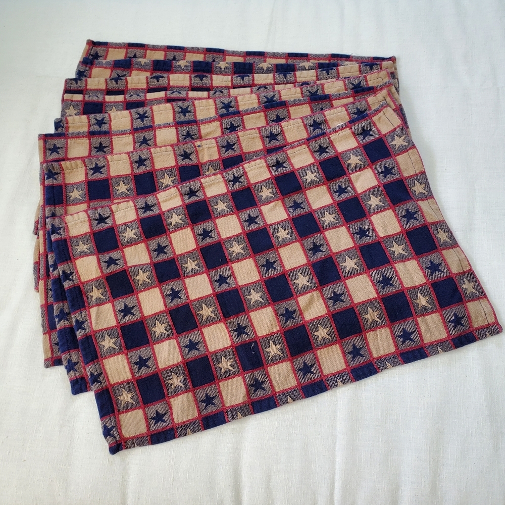 8 Plaid Patriotic Star Placemats Loomed for Park Improrts Cotton Navy Red Tan